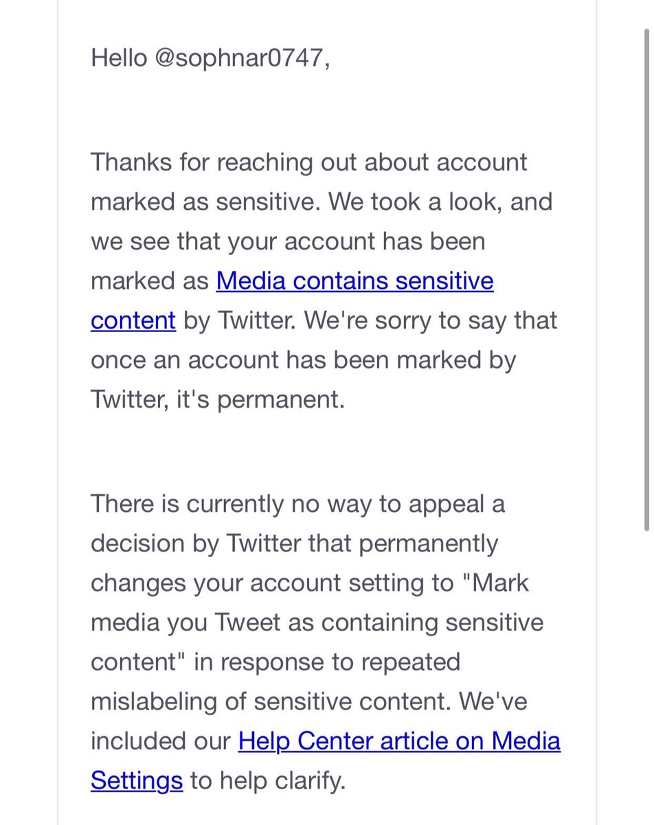 SophiaNarwitz's tweet image. Remove the permanent sensitive content tag or add an appeal process.

It killed all engagement on my other account that has almost 70k followers &amp;amp; which contains my original riot coverage that got millions of views. 

I never found out why I got the label, just this email: