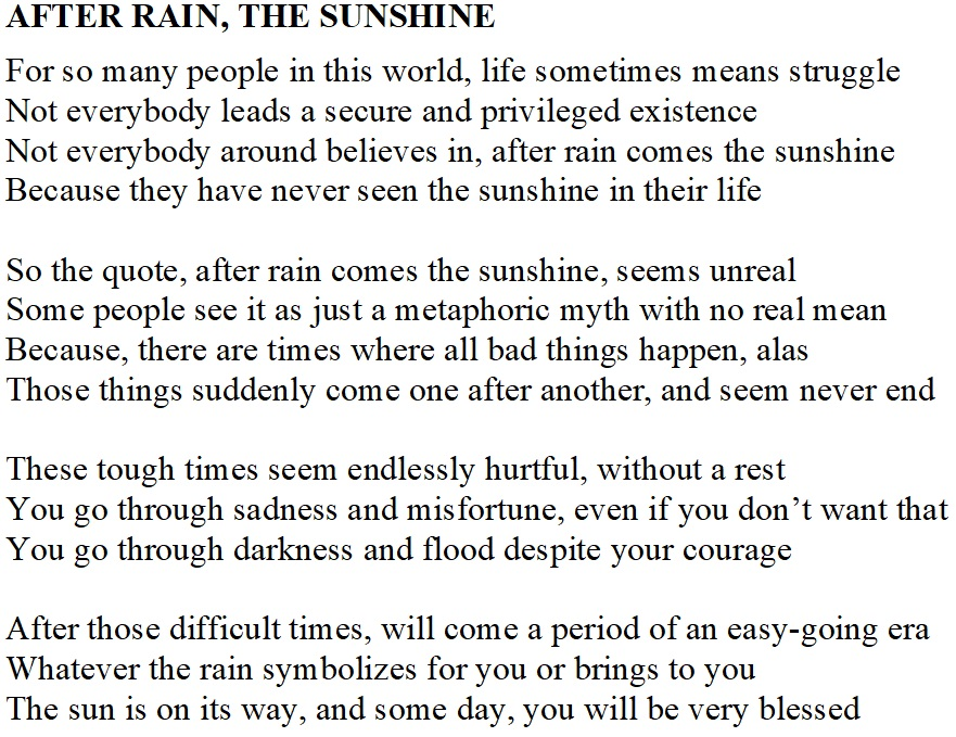 scribaland's tweet photo. #Scribaland AFTER RAIN, THE SUNSHINE
Try to #relax if possible!#rain #lire #read #sunshine #raining #professeurs #prof #profs #programme #programmes #prose #proses #proverbe #redactions #proverbes #quatrain #quatrains #radio #radios #redacteur #redacteurs #redactrice #redactrices https://t.co/1V8qmQb6UL