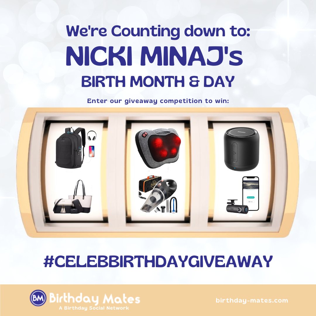 It's our one-week countdown to the sensational Queen of Rap <a href="/NICKIMINAJ/">Nicki Minaj</a>'s birthday month. We celebrate &amp; appreciate your work &amp; want 2 reward your loyal Barbz with great prizes this Dec month as they celebrate &amp; participate in our #celebbirthdaygiveaway @ bit.ly/celeb_giveaway…