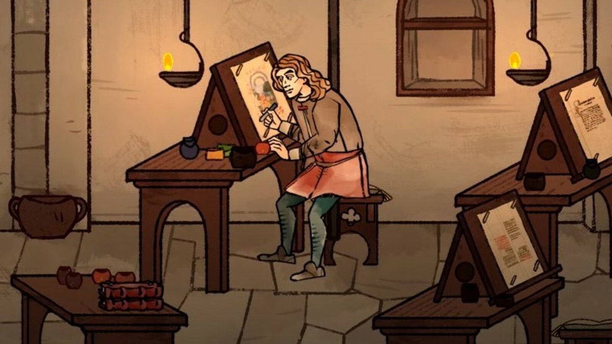 kvanaren's tweet image. pentiment, a video game where you play a 16thC illustrated manuscripts artisan in a small german town who wanders around solving murders and debating about martin luther, is my whole personality now
