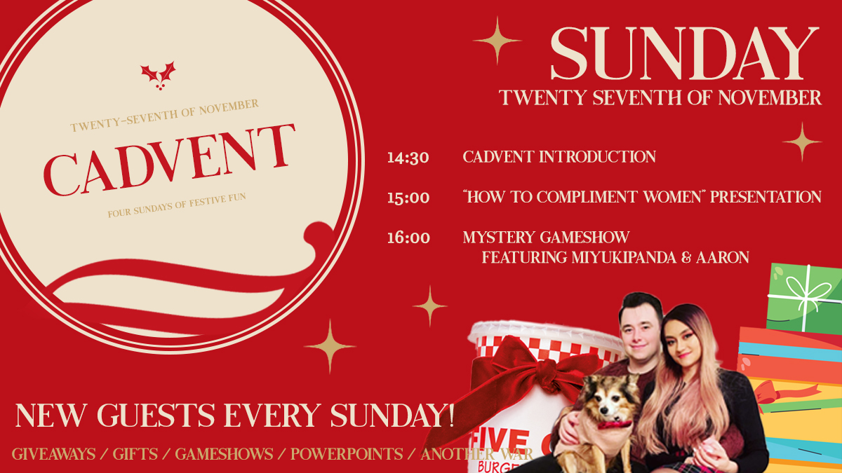 sophiekeen's tweet photo. I hope you can join me for the first Sunday of #Cadvent 2022 where we may or may not be witnessing a break-up live on stream...

✨ All timings in GMT
✨ https://t.co/bEJBovn99P https://t.co/x2G1A3P9Qd