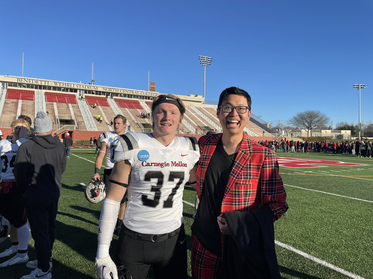 GeraldJWang's tweet photo. Despite the loss, a hard-fought game for @TartanFB, and the capstone for a terrific season. Incredible to meet so many accomplished (and absolutely raucous) @cmualumnihouse fans in the stands. Go Tartans! https://t.co/G0abHb9p6I