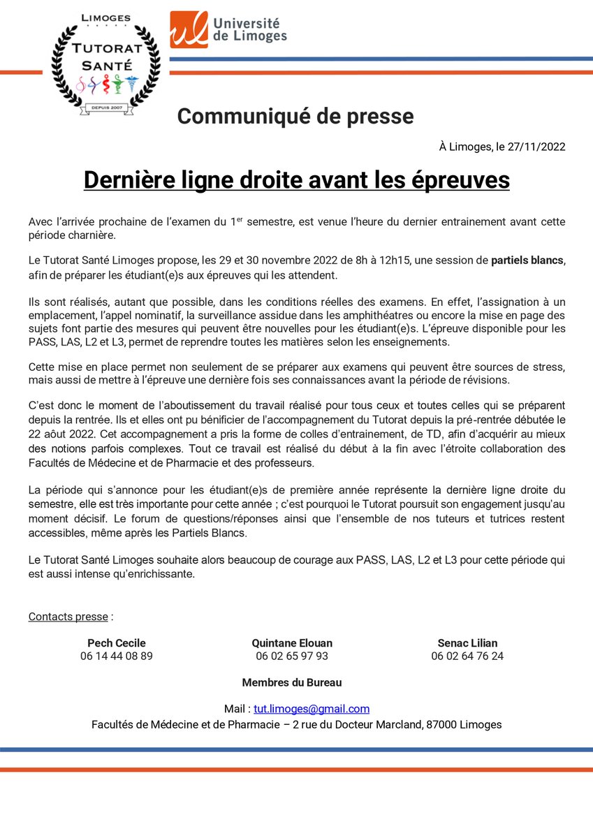 À l'approche des examens, le Tutorat Santé Limoges poursuit son engagement auprès des étudiant(e)s