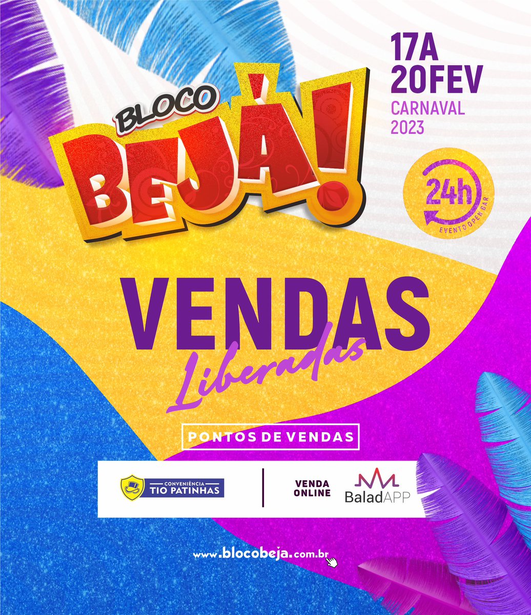 bloco_beja's tweet photo. ⚠️ VENDAS LIBERADAS ⚠️

@bloco_beja | Carnaval 2023 | GURUPI-TO

📍PONTO DE VENDAS
@conveniencia_tiopatinhas 

🖥️VENDA ONLINE 🖱️
pelo Site @baladapp 

#Carnaval2k23 #Gpi
#BlocoBeja #Beja2023 https://t.co/gVBy6DEIDu