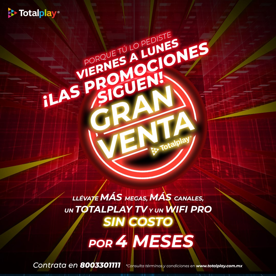 totalplaymx's tweet photo. 📣¡NO TE LO PUEDES PERDER! 📣
Llama hoy mismo y eleva el entretenimiento de tu hogar. 🌐 📺
No te quedes sin disfrutar de estas grandes promociones
Contrata aquí: https://t.co/qP7xsxM0FV
#GranVenta #Promociones #Totalplay https://t.co/MgvFEfuyLL