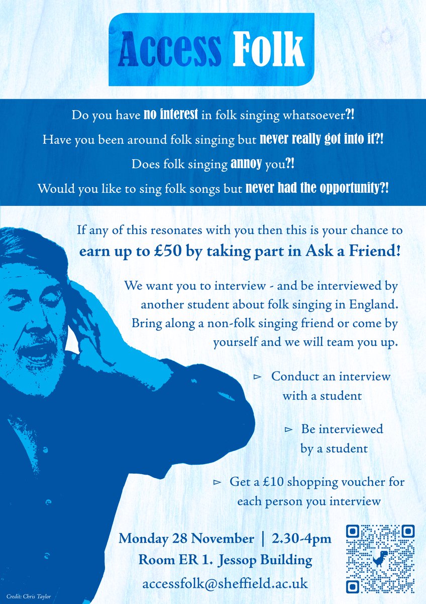 AccessFolk's tweet photo. THIS MONDAY we're hosting an in-person interview session for Ask a Friend – this is your chance to earn up to £50 by taking part! Bring along a non-folk singing friend or come by yourself and we'll team you up. #folkmusic #sheffieldmusic #sheffieldstudents #tuos #sheffielduni https://t.co/1MkpyXlkp8