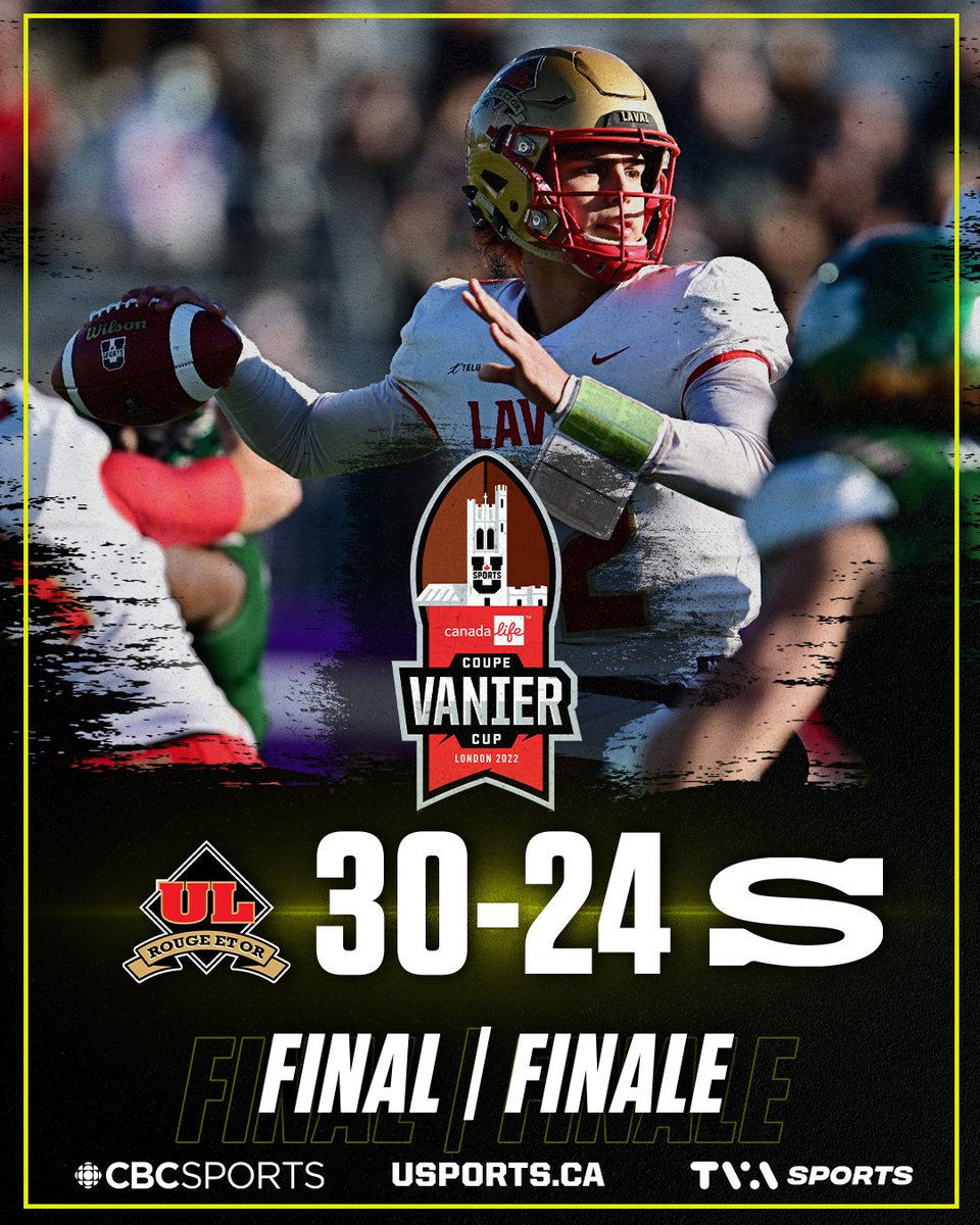 USPORTS_FB's tweet photo. 🚨🏈Final Score: The @rougeetor win against @HuskieAthletics 30-24 and are your 2022 Vanier Cup Champions!

Score Finale: Le @rougeetor gagne 30-24 contre @HuskieAthletics et sont vos champions de Coupe Vanier 2022!

#ChaseTheGlory | #ViserHaut https://t.co/CzogYahklF