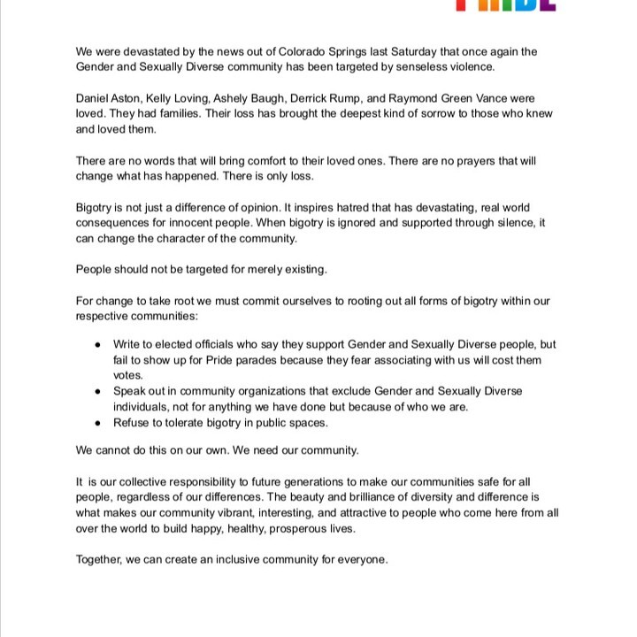 Statement on Colorado Springs hate crime. instagr.am/p/ClcG1Krv96k/