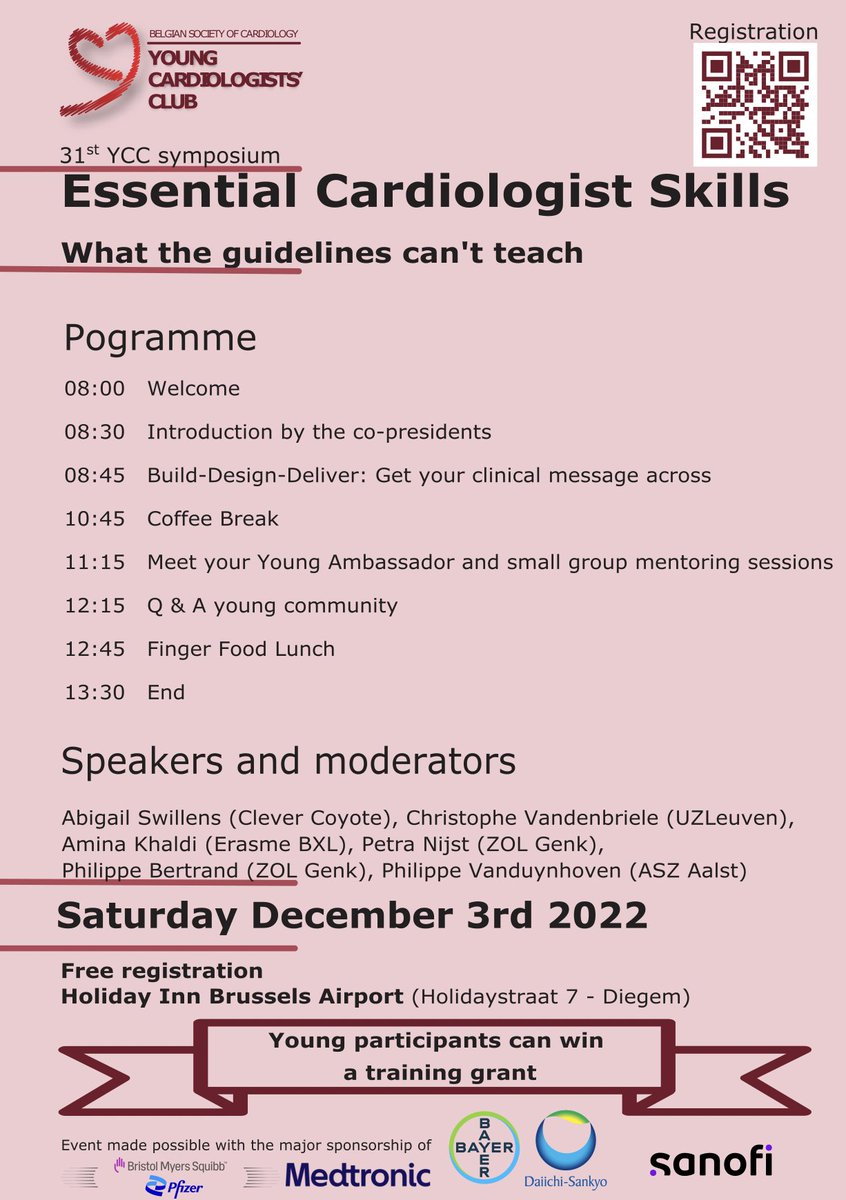 The Belgian Young Cardiologists' Club symposium is fast approaching: Sat Dec 3rd 2022 - Brussels
Programme below 
Free registration: eepurl.com/c5e7dD or QR code
#ESCYoung