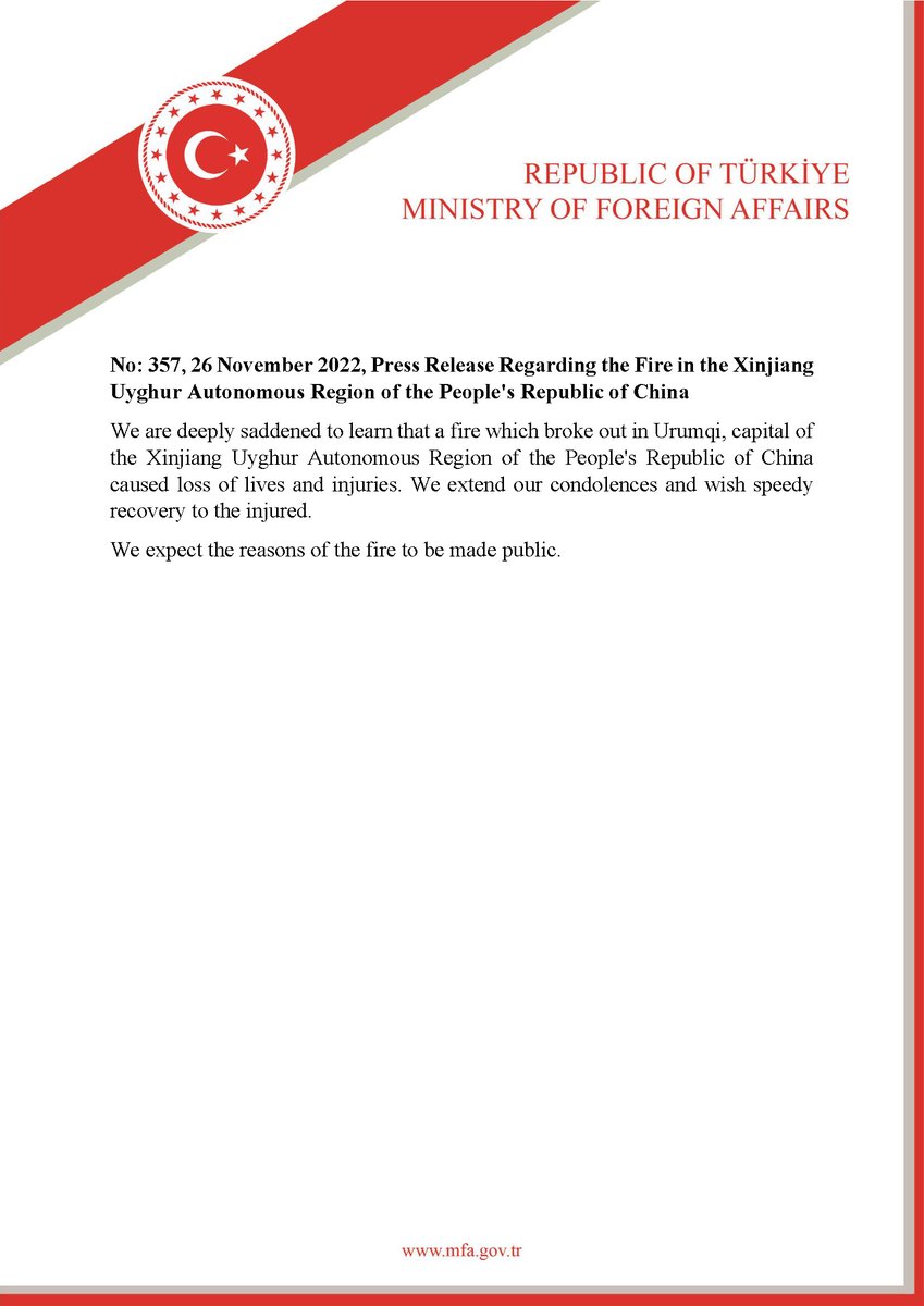 MFATurkiye's tweet photo. Press Release Regarding the Fire in the Xinjiang Uyghur Autonomous Region of the People's Republic of China https://t.co/akr67x6ZyG https://t.co/7opIOmVMvU