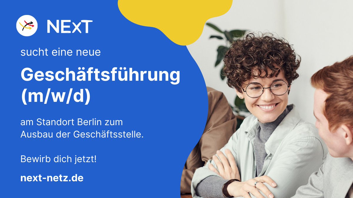 ++ Job Alert ++ Wir suchen unsere neue Geschäftsführung!

Du willst im Zentrum der digitalen Transformation der Verwaltung gesellschaftlichen Mehrwert stiften? 🚀

📍 Berlin
💰 E15 TvÖD (angelehnt)
⏰ Vollzeit, 2 Jahre Befristung
📅 ab sofort

Mehr hier 👉 next-netz.de/next-sucht-neu…