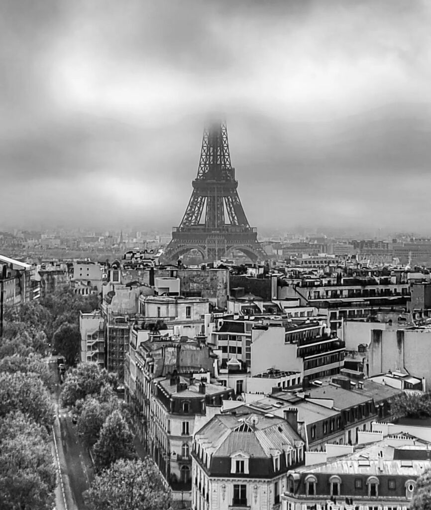 Foggy view of the #EiffelTower from the top of the Arc de Triumphe in #Paris this afternoon.