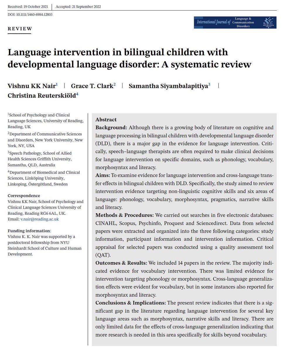 Our new sys review is OPEN access ✅: "Language intervention in #bilingual children with developmental language disorder: A systematic review"
Led by <a href="/vishinair5/">Vishnu Nair</a> with <a href="/Grace_T_Clark/">Grace T. Clark</a>  <a href="/SamSiySP/">Samantha Siyambalapitiya ☸</a> &amp; <a href="/reuterskiold_c/">C.Reuterskiöld</a> 
onlinelibrary.wiley.com/doi/10.1111/14…
#DevLangDis #slpeeps #slt