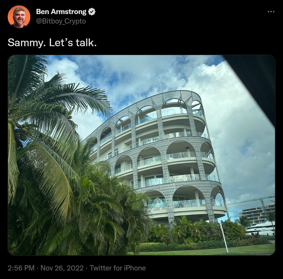 JoeConsorti's tweet photo. This scammer got scammed by another scammer, so he booked a flight to The Bahamas and is LARPing like a mob boss outside of his condo 😭

"Crypto" at its finest. https://t.co/I5dPaIptX0