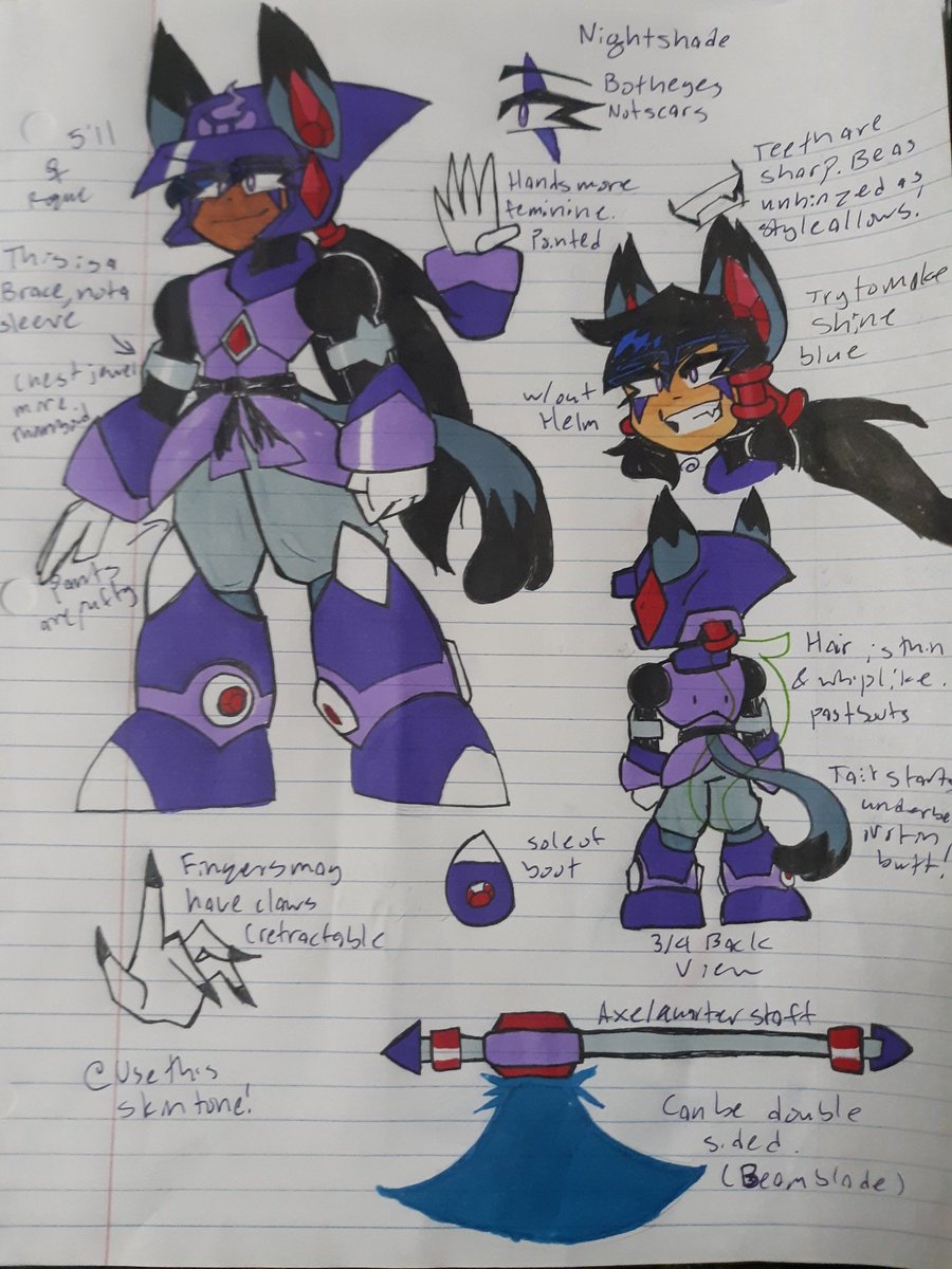 LilBuddyAlph's tweet image. I swear I'll sow doodles at sone point
But I'd like to present a ref sheet for one of my ocs,Nightshade!^^
I can tell more about her if you ask.^^

#mmx #reploidoc #purple #traditionalart