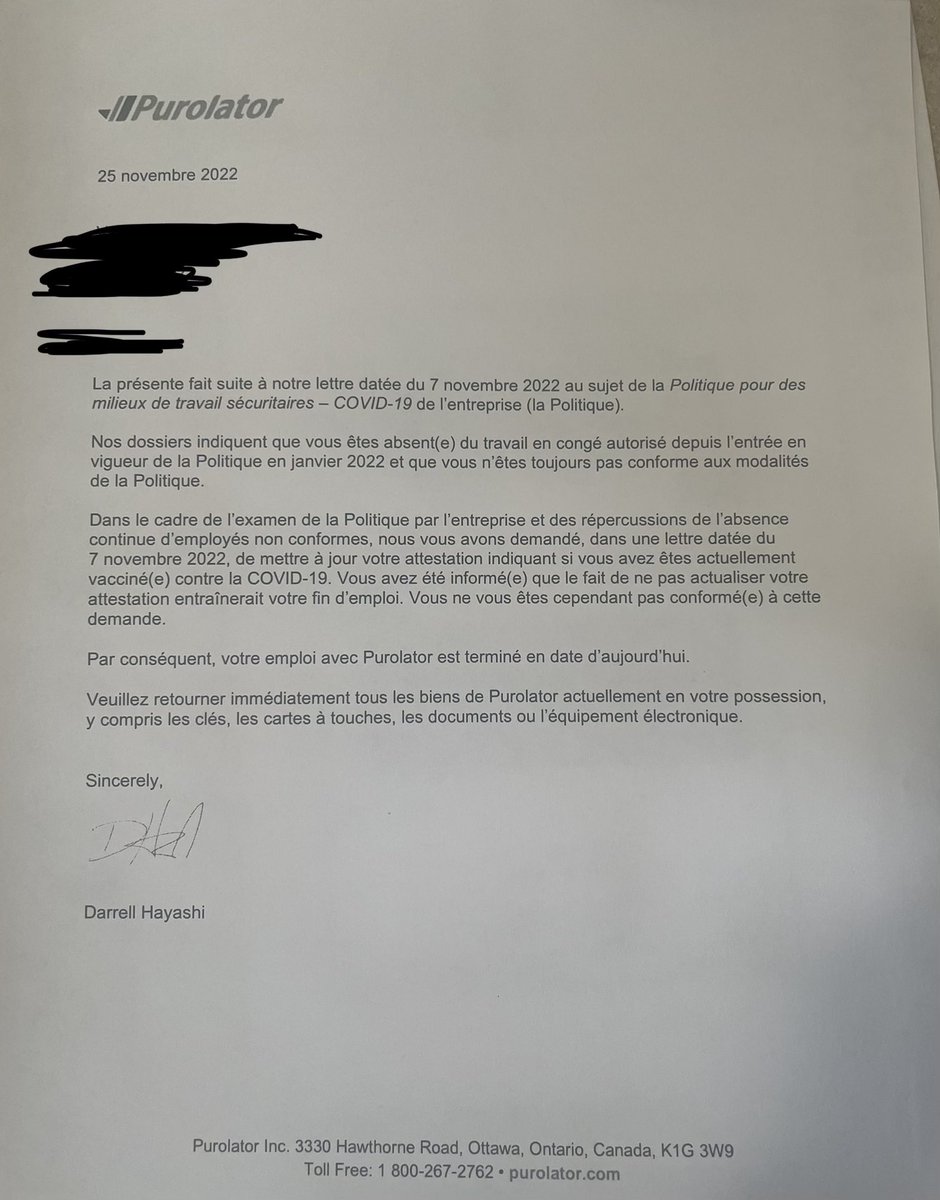 ThevoiceAlexa's tweet photo. Purolator has made the decision to terminate all unvaccinated employees.
The federal government continues to allow companies to mandate vaccines for the sake of health in Canada.
Most of these employees work on their own in their vans.
Here is the French and English letters. https://t.co/Z2Iy2689GG