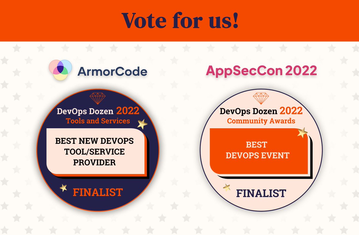 Team ArmorCode FTW! Honored to share that we were nominated again this year in the #DevOpsDozenAwards. 

Vote 𝗔𝗿𝗺𝗼𝗿𝗖𝗼𝗱𝗲 𝗔𝗽𝗽𝗦𝗲𝗰𝗢𝗽𝘀 for 'Best New DevOps Tool/Service Provider' and 𝗔𝗽𝗽𝗦𝗲𝗰𝗖𝗼𝗻 for 'Best DevOps Event': bit.ly/3AOR5d4