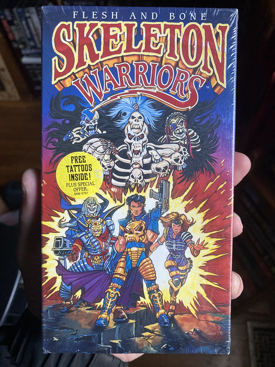 LunchmeatVHS's tweet photo. Should we break the seal on this SKELETON WARRIORS VHS and see what the tattoos look like? Will make a video of the opening, tattoo reveal and tattoo application with 50 RT. https://t.co/CvvzaKYvzO