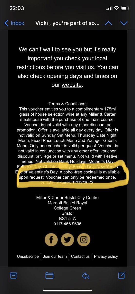 vickiwright77's tweet photo. @MillerandCarter disappointing that the restaurant wouldn’t honour a voucher for a free glass of wine when I wanted a non-alcoholic alternative https://t.co/6Mvu8L4SH6