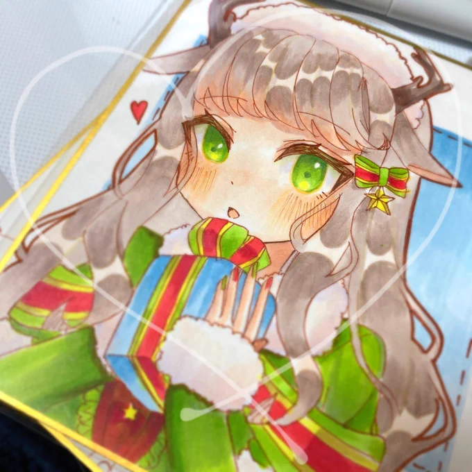 ミニ色紙1枚目!【プレゼントを持ってきたよ】3000円トナカイの子をイメージして描いてみましたここから少し文字入れや加筆をして持っていきます!#コミティア142 #COMITIA142 #コピック 