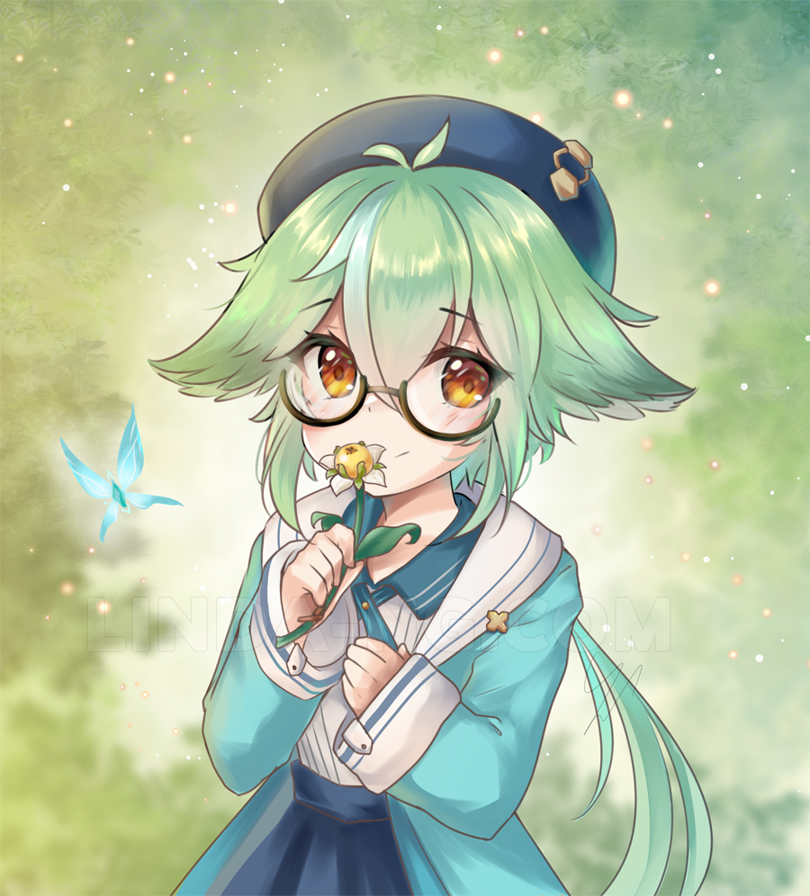 sucrose (genshin impact) 1girl holding flower solo hat glasses butterfly  illustration images