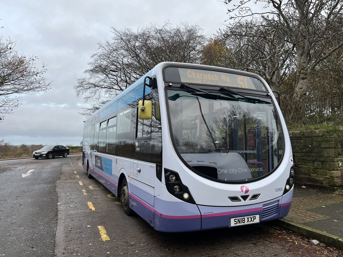 The second bus for me today was 63908 after having it swapped from 33866 which was making me late with the speed it was travelling at. 63908 prior to leaving on a late 14:30 51 service to Charnock. Saturday 26 November 2022