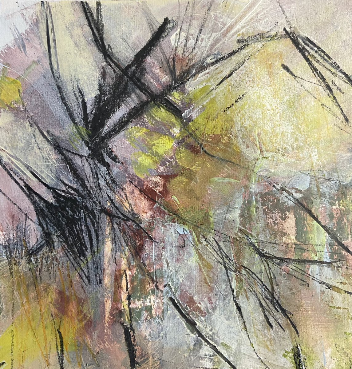 LynneBaxter1's tweet photo. Woodland walk then intuitive mark making and layering using pastel, watercolour pencil and acrylic too #semiabstract #artisticimagery #inspiredbylandscape #mixedmedia #expressiveart #studiostudies #sketch #artist https://t.co/kwhm3Uh9fD