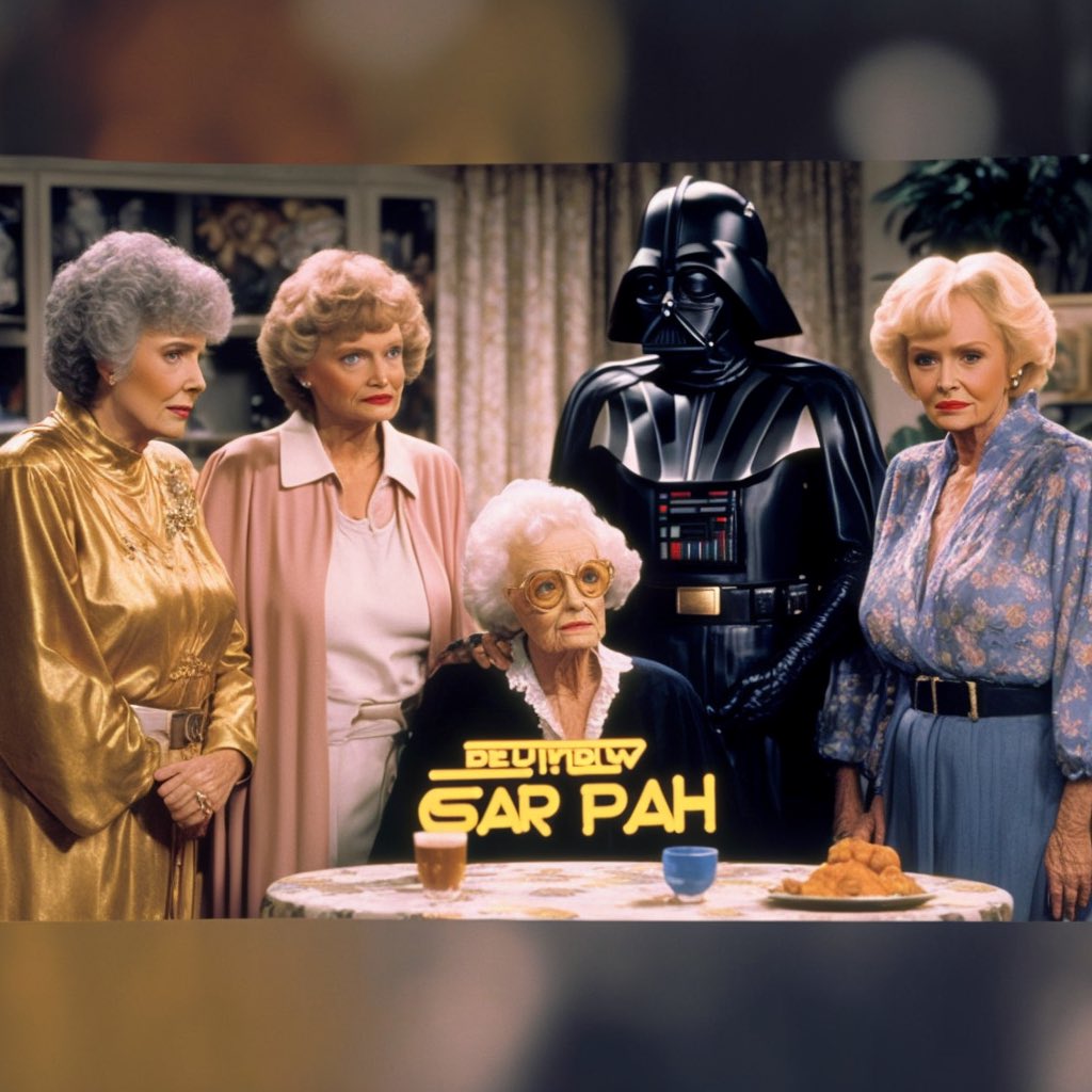 ChrisMennell's tweet photo. That time Darth Vader guest starred on Coruscant’s #1 sitcom “Woopie Women”

#midjourney #midjourneyai #midjourneyart #ai #aiart #art #starwars #darthvader #goldengirls https://t.co/KGrXKWH14d