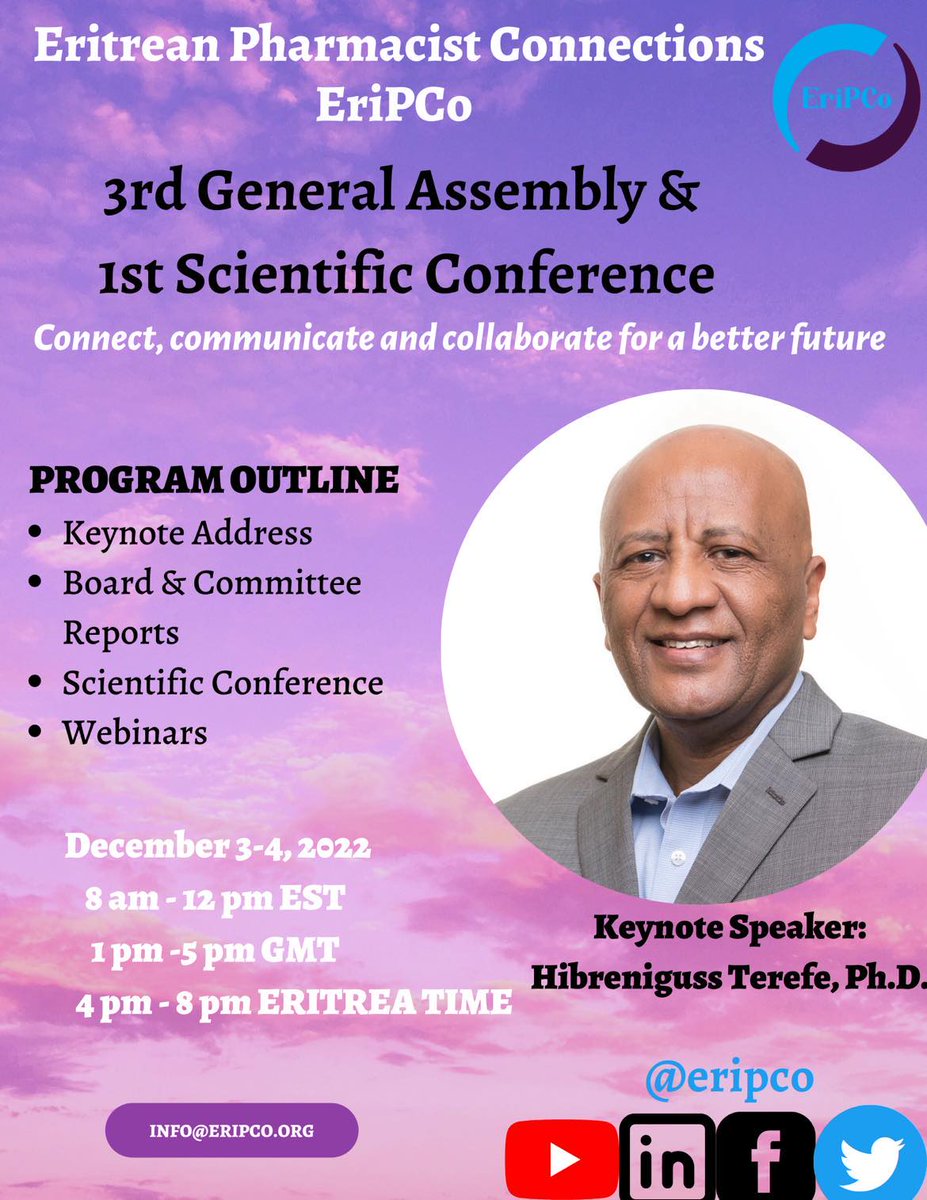 eripco's tweet photo. EriPCo’s 3rd General Assembly &amp; 1st Scientific Conference is 1 week away!!

Our keynote speaker this year is Dr. Hibreniguss Terefe!

There'll be exciting research &amp; other relevant topics presentations &amp; you won't want to miss it!!

Please register here: https://t.co/uLlYBp5fFC https://t.co/GCRRRc6n85