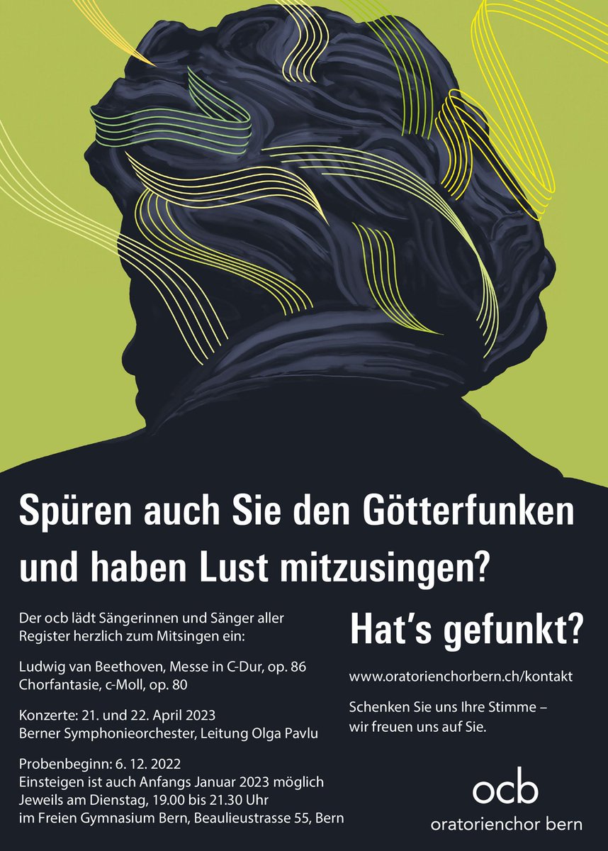 oratorienchorbe's tweet photo. Der Oratorienchor Bern freut sich über neue Mitglieder. Der Zeitpunkt zum Einsteigen ist z.Z. sehr günstig: am 6. Dezember starten wir mir unserem neuen Projekt "Beethoven". Kommen Sie zu einer Schnupperprobe am 6. oder 13. Dezember. Aktiv- und Projektsänger*innen willkommen! https://t.co/TNSsFf5XrN