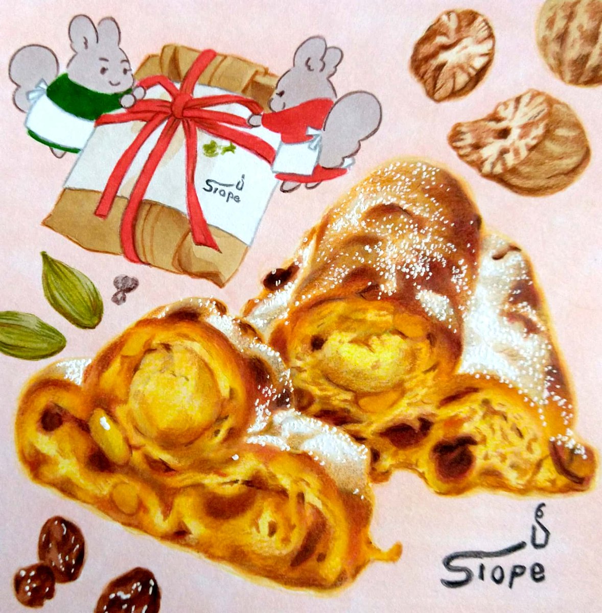 札幌・cafeスロープさんの「窯焼きシュトーレン」。札幌軟石の薪窯で焼き上げた、洋酒とスパイスの香り豊かなシュトーレン。さりさり、しっとり、贅沢に。クリスマスまでの時を刻むように一切れ一切れを大切に味わいます。
#田島ハルのくいしん簿 #北海道 #イラスト #食べ物イラスト 