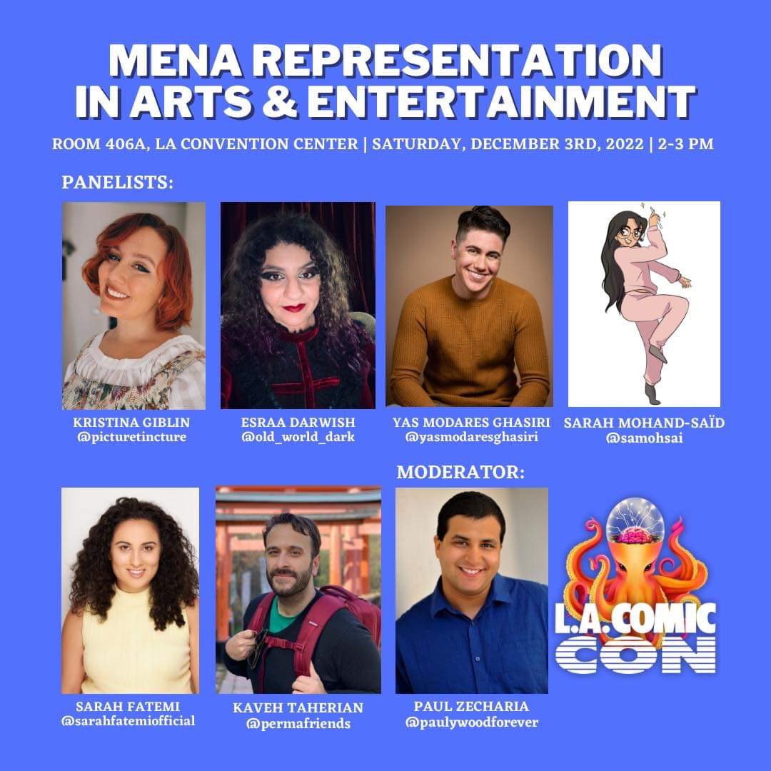 SarakiJoon's tweet photo. Super excited to be speaking on the first-ever @comicconla panel for #MENA representation in arts and entertainment! @ThePaulZecharia @permafriends @Old_World_Dark @samohsai #comiccon https://t.co/IkrPOlTqD7