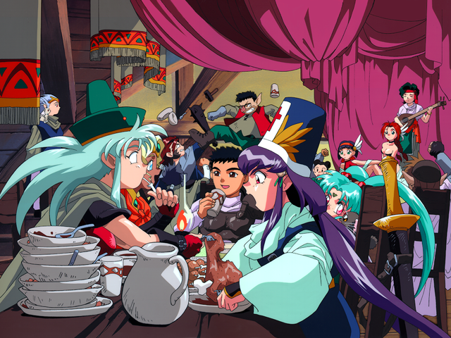 TenchiForum's tweet photo. The reason the Tenchi gang are dressed up in typical JRPG-style clothing, is because on Gokuraku 2 is a game called: 
"Tenchi Quest! The Gokuraku World" A Zelda-style Tenchi game!
There's also an image here where the gang are dressed up as characters from #moldiver and #elhazard! https://t.co/PVI0tzk2Cs