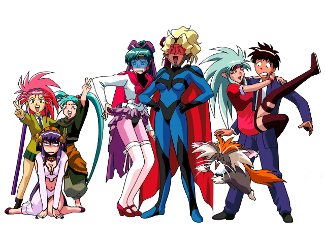 TenchiForum's tweet photo. The reason the Tenchi gang are dressed up in typical JRPG-style clothing, is because on Gokuraku 2 is a game called: 
"Tenchi Quest! The Gokuraku World" A Zelda-style Tenchi game!
There's also an image here where the gang are dressed up as characters from #moldiver and #elhazard! https://t.co/PVI0tzk2Cs