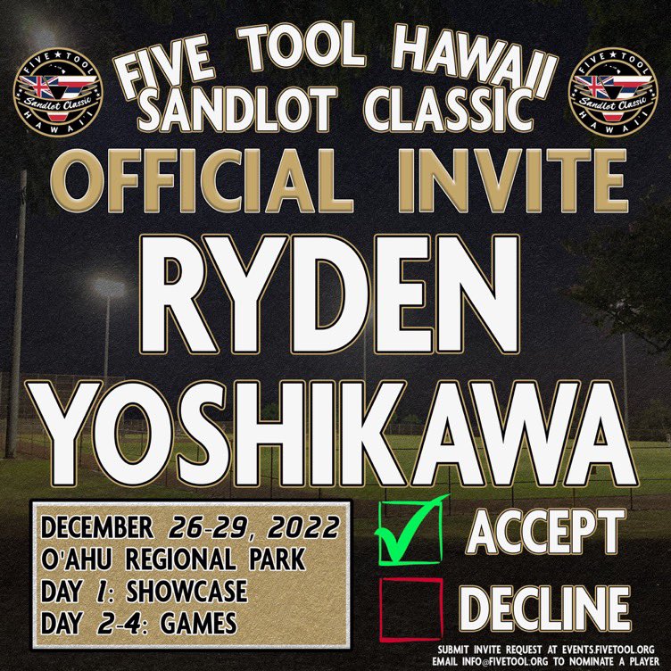 RydenYoshikawa's tweet photo. Grateful for the opportunity @FiveToolHI @FiveTool @ClassicHawaii @Kado_Baseball https://t.co/F9UTXzc28f