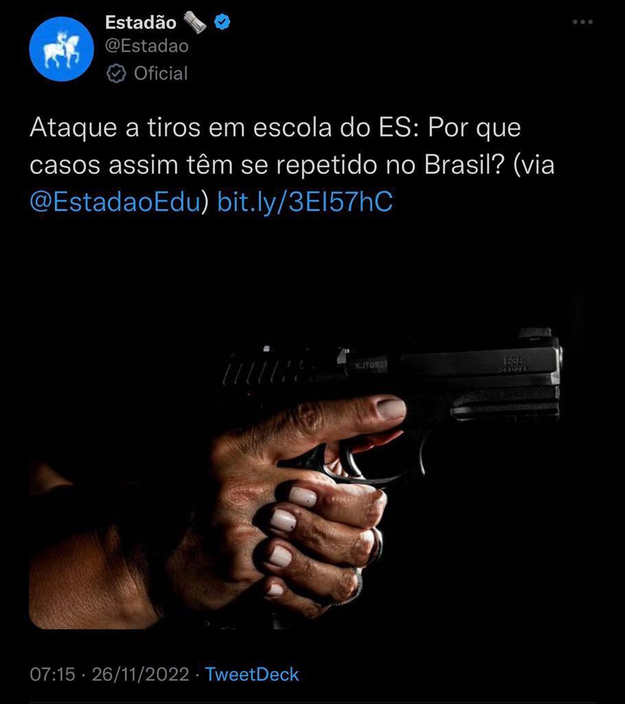 AndreJanonesMG's tweet image. Um branco, nazista invade uma escola e mata 3 pessoas sob a influência do pai, um policial bolsonarista, e a matéria do Estadão coloca a mão de um negro segurando a arma! 

O racismo no Brasil é estrutural, e é uma desgraça!