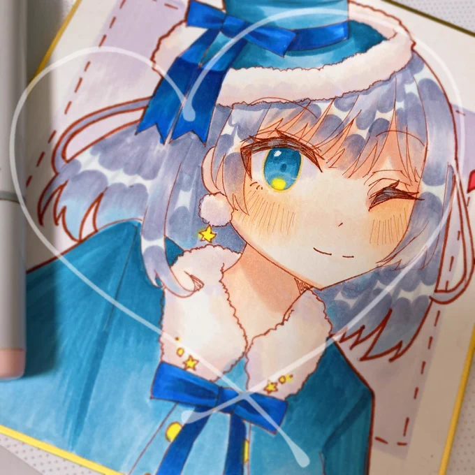 ミニ色紙2枚目!【プレゼントを持ってきたよ】3000円青い冬服を着た子をイメージして描いてみました(あまり描かない右向き!)ここから少し文字入れや加筆をして持っていきます!#コミティア142 #COMITIA142 #コピック 