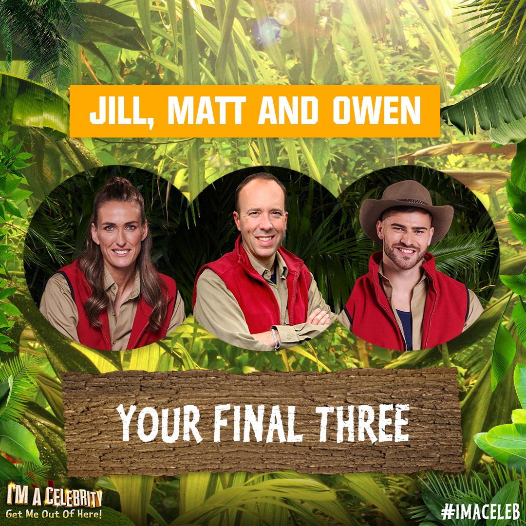 Introducing your Final Three! Well done Jill, Matt and Owen ❤️

Who will be crowned King or Queen of the Jungle? Tune in tomorrow at 9pm on ITV1 and STV to find out 🌟👑