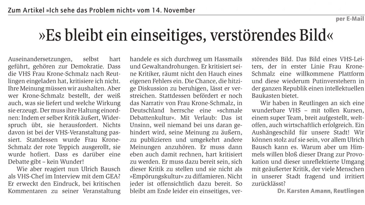 KarstenAmann's tweet photo. @EFDavies @vhsrt @vhs_bw Herzlichen Dank für Ihren herausragenden Beitrag. 
Heute erschien mein beigefügter Leserbrief zur VHS-Veranstaltung mit Frau Krone-Schmalz im Reutlinger General-Anzeiger https://t.co/9oL1T5RSpp
