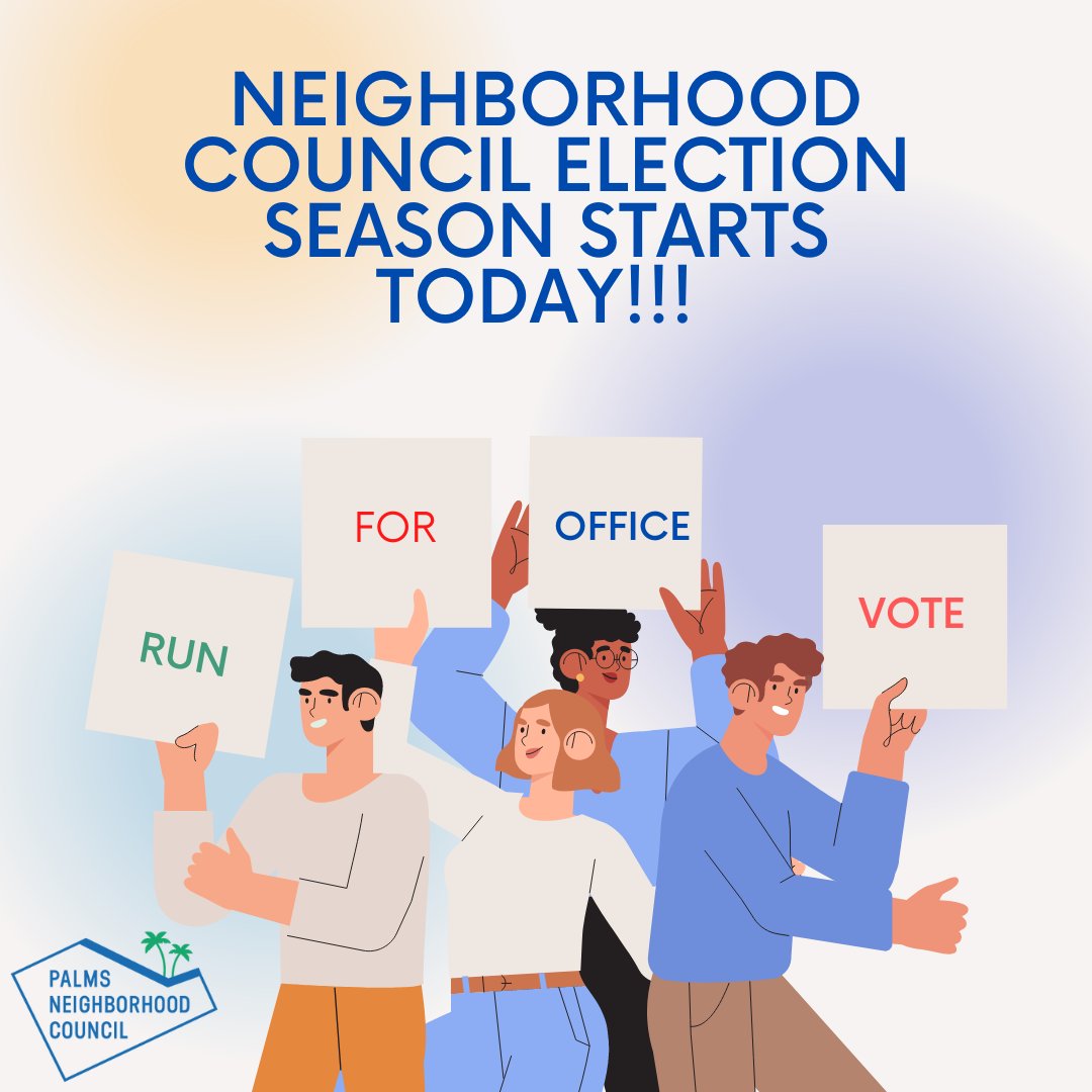 PalmsNC's tweet photo. Interested in becoming a member of the Palms NC!? Candidate filing begins today. Need more info? What NCs are, what it means to be a candidate, how running for office works... Visit https://t.co/8LXnQc0p2s to get the details. #RunForOffice #LACityVotes #PalmsNC #WeArePalmsProud https://t.co/u6N1Y2z21p