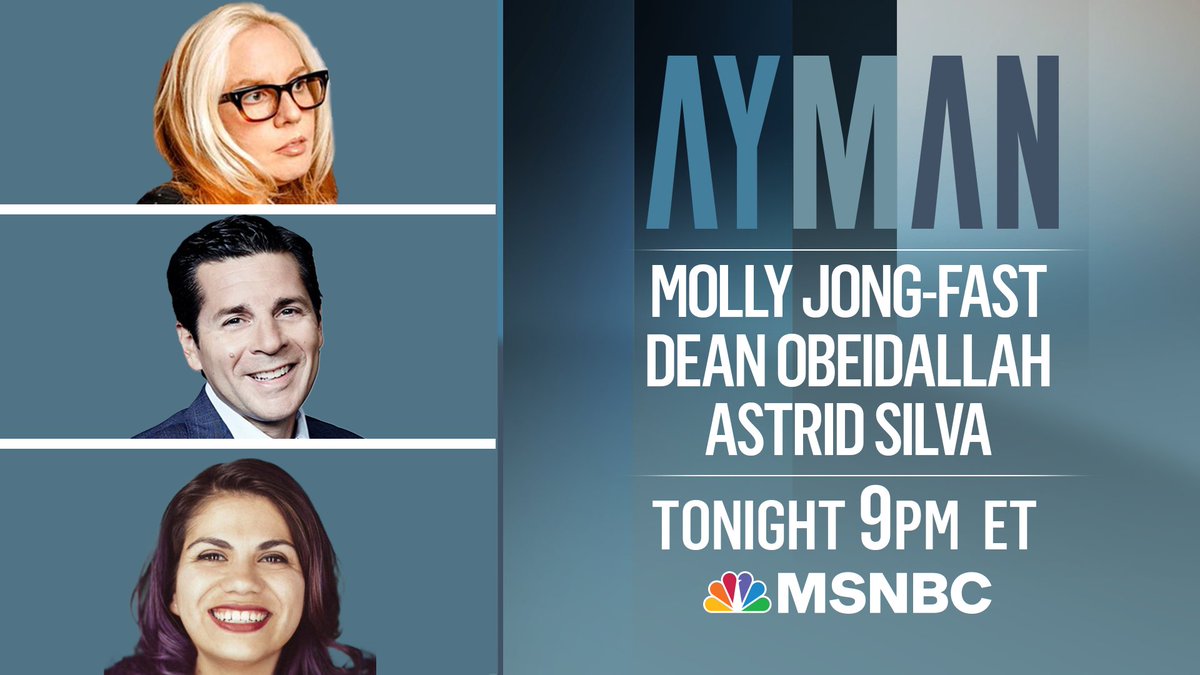 AymanMSNBC's tweet photo. TONIGHT ON AYMAN: Our #SaturdayNightPanel @MollyJongFast, @DeanObeidallah and @Astrid_NV, talk the future of the Democratic Party, now-or-never immigration reform and more Supreme Court fallout. https://t.co/DEe08sF1mn