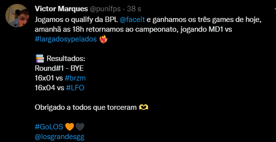 Gord0CS's tweet photo. COPIA SÓ NÃO FAZ IGUAL: 

Jogamos o qualify da BPL @faceit e ganhamos os três games de hoje, amanhã as 18h retornamos ao campeonato, jogando MD1 vs #largadosypelados 

Round#1 - BYE
16x01 vs #brzm 
16x04 vs #LFO

#GoLOS 🧡🖤
@losgrandesgg https://t.co/UFQBPDqEOM