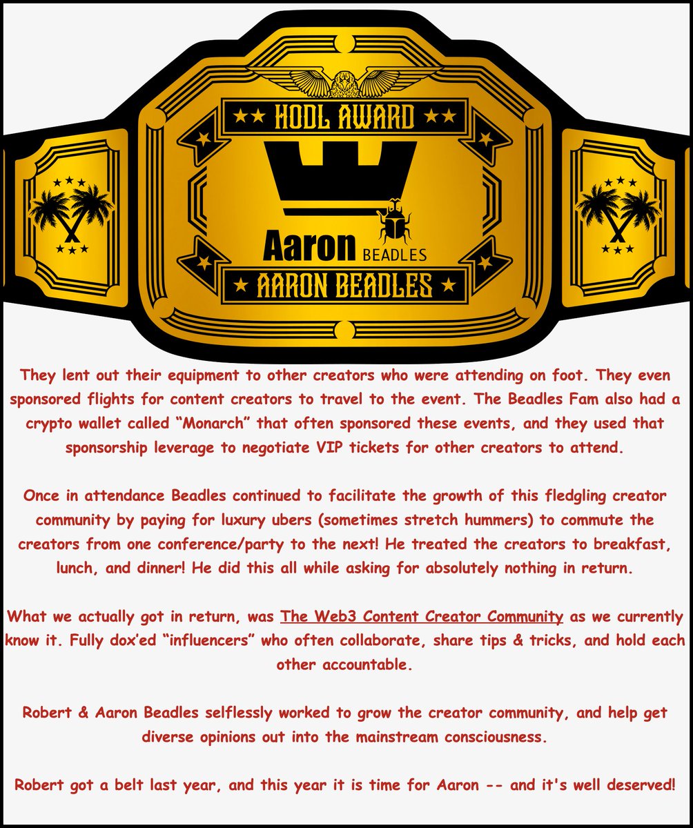 AdamCharlesMKT's tweet photo. Congratulations to 2022 HODL Award recipient @AaronBeadles!

Presented By: @MonarchWallet
Belts Available: @DcentralCon
 
---
DISCLAIMER: The text within the graphics are akin to a vlog, and are of the authors own opinion/observations, and may not be factual. https://t.co/CjkGDz0r8y