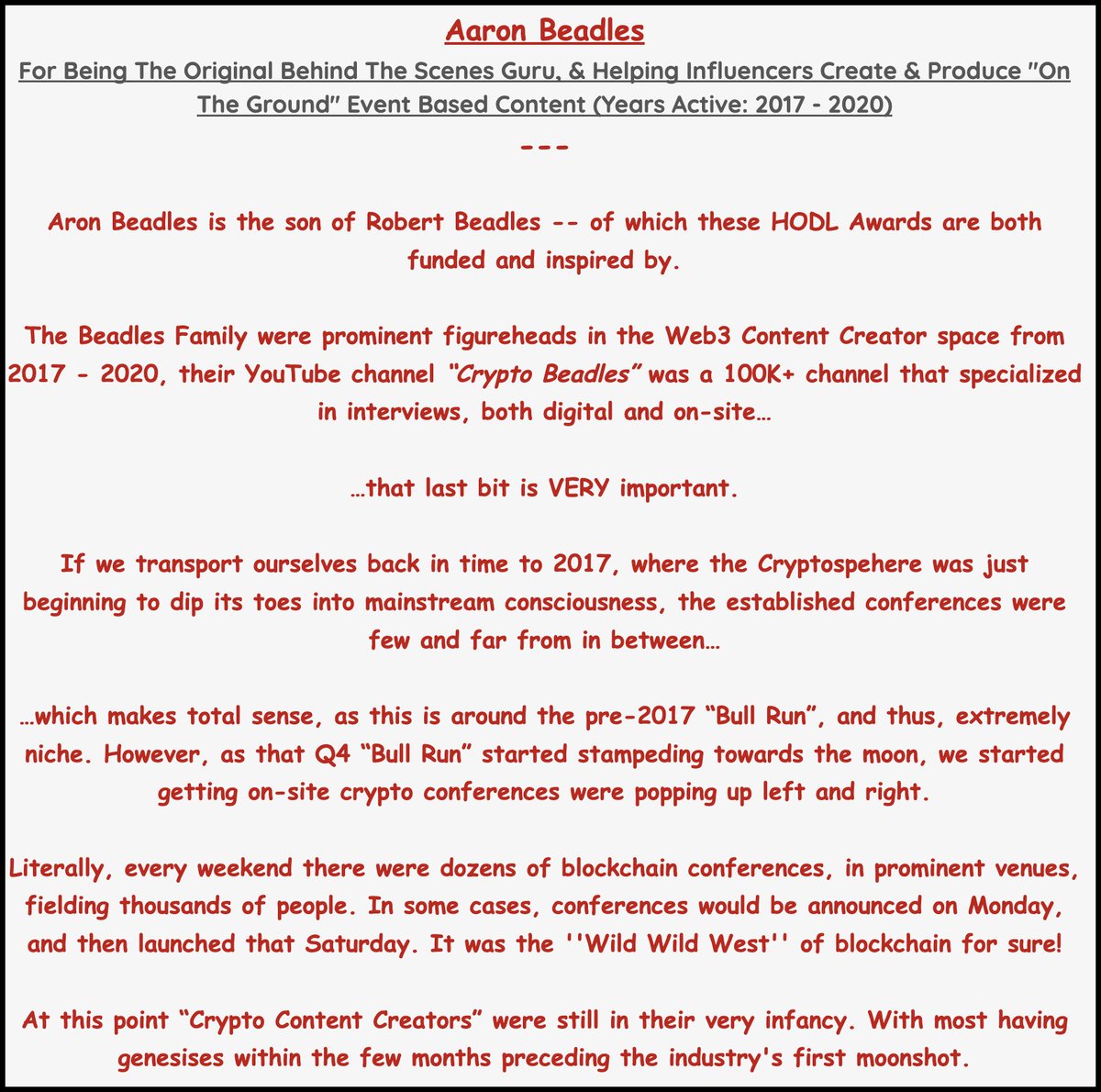 AdamCharlesMKT's tweet photo. Congratulations to 2022 HODL Award recipient @AaronBeadles!

Presented By: @MonarchWallet
Belts Available: @DcentralCon
 
---
DISCLAIMER: The text within the graphics are akin to a vlog, and are of the authors own opinion/observations, and may not be factual. https://t.co/CjkGDz0r8y
