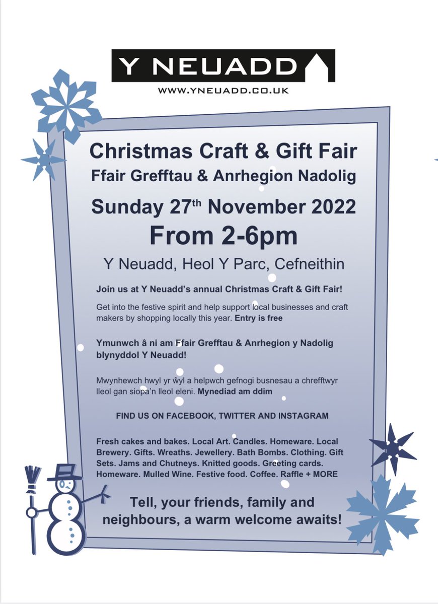 Christmas craft and gift fair! Cefneithin SUNDAY 27th NOVEMBER from 2-6pm

FREE ENTRY

Croeso cynnes / Warm welcome awaits all!! <a href="/Discovercarms/">Carmarthenshire</a> <a href="/RadioCarms/">Radio Carms</a> <a href="/BBCRadioWales/">BBC Radio Wales</a> <a href="/BBCRadioCymru/">Radio Cymru</a> <a href="/EventsNWales/">EventsNWales - Promoting Events in Wales</a> <a href="/BywydSirGar/">Carmarthenshire Life</a> <a href="/carmarthenshire/">Steve Moon</a>