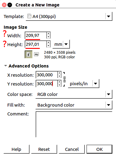 LGcommaI's tweet photo. #DINA4 is 210mm x 297mm BY DEFINITION (see DIN EN ISO 216:2007-12); why is #GIMP of the opinion that it was 209.97mm x 297.01mm.
Is this a numerical rounding-error? (Perhaps caused by using inches as a some kind of default and then re-calculating?)
#Details
#ERRORS
#Software https://t.co/e9UVy7OcFB