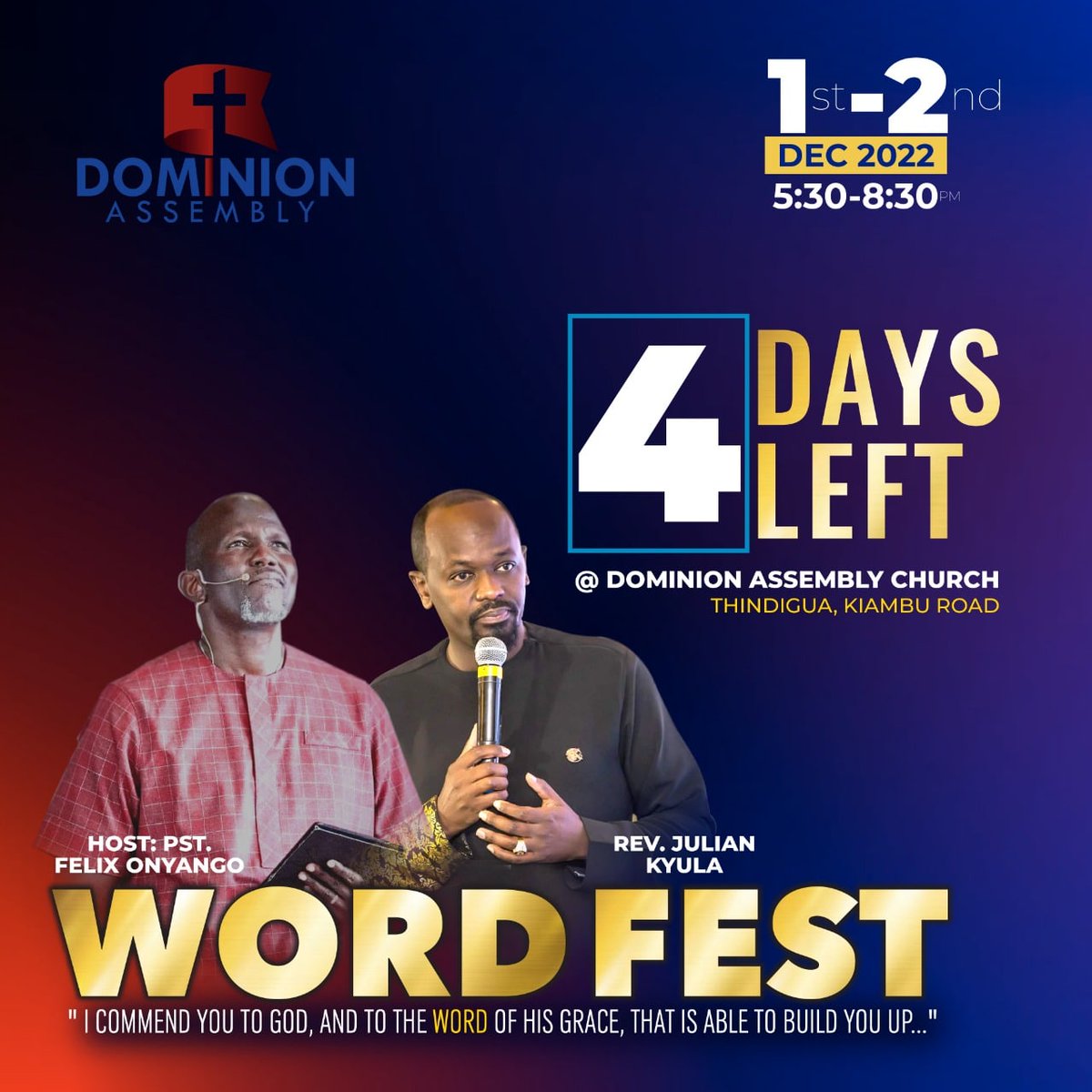 DominionAssemb3's tweet photo. 4 days Kingdom Champions 
Spread the word

#WordFeast2022
#DominionAssembly https://t.co/4mD6nY519C