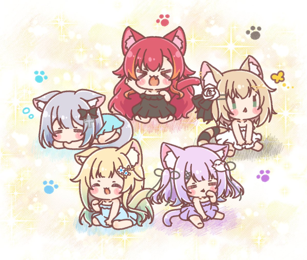 animal ears multiple girls cat ears tail blonde hair cat tail red hair  illustration images