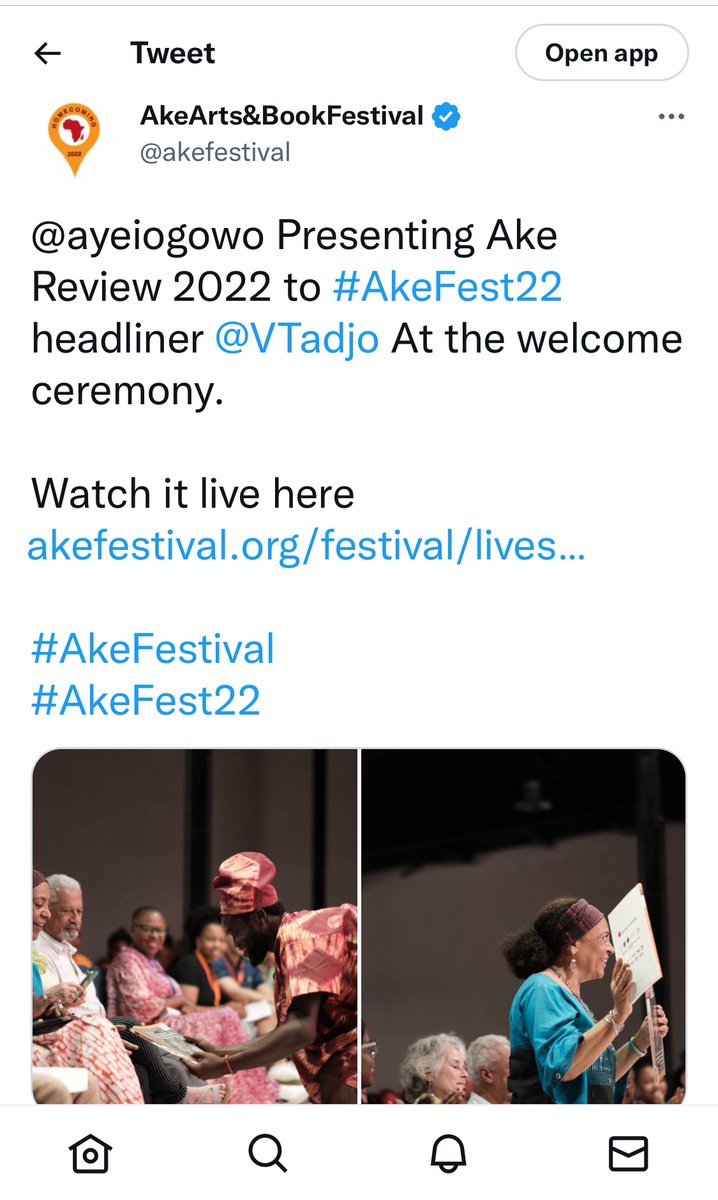 ShannonKenny031's tweet photo. That, right there, is @VTadjo receiving a copy of #AkeReview2022 βοΈ and nestled somewhere in its pages is my poem Coming Home ππΎ And yes, thatβs Abdulrazak Gurnah next to her βοΈ Thank-you @akefestival & @akereview editorial team for being #spacemakers #spacekeepers β₯οΈπ https://t.co/CZd7zNAz6H