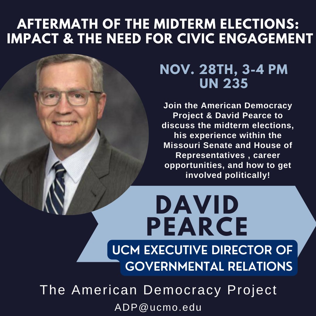 Happy Holidays! The American Democracy Project is ecstatic to announce our event the Monday post-break, the 28th, from 3-4, in UN 235. David Pearce will be presenting on his experiences politically, the impact of the midterm elections, career opps., and how to get involved! #ADP